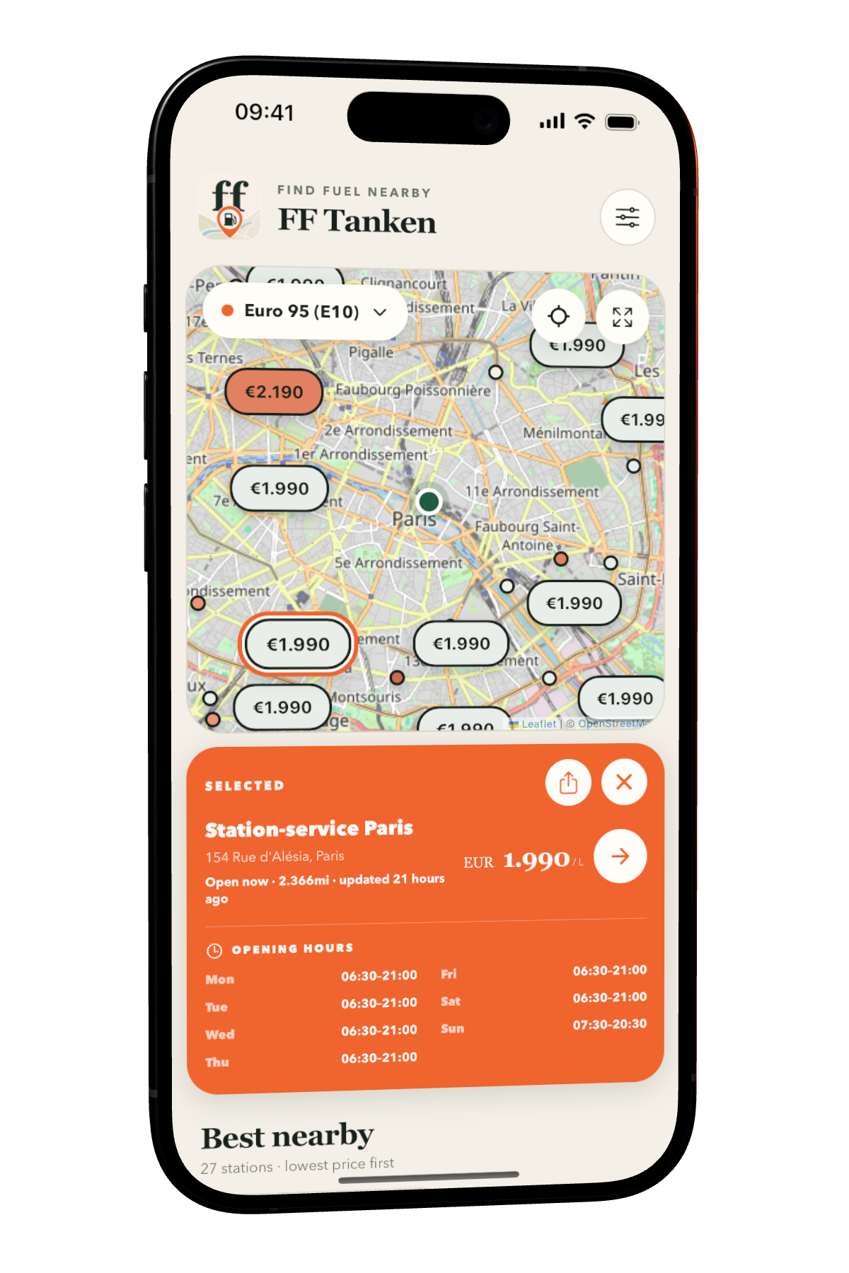 FF Tanken on iPhone and Android showing a selected fuel station near Paris
